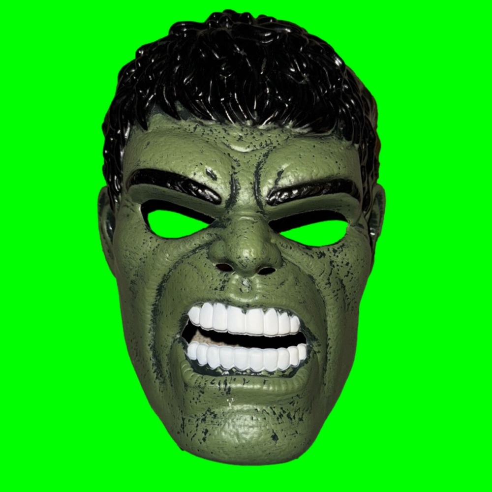 Adult Incredible Hulk costume. Muscle shirt, molded mask, black wig, leggings